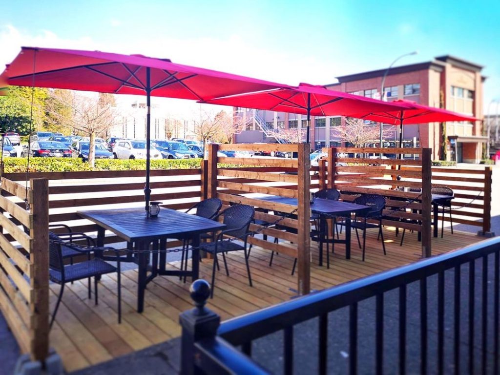 An outdoor patio with umbrellas